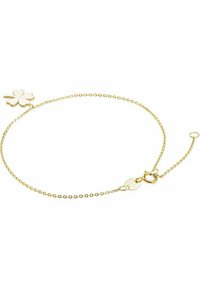 Bracciale in oro con charm a quadrifoglio, con maglie circolari e ovali, lunghezza regolabile e finitura lucida.