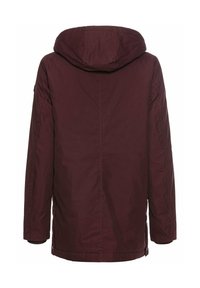 Bordeauxfarbene Parka-Jacke mit Kapuze, langen Ärmeln, geradem Schnitt und Seitentaschen. Glatte Textur mit dezenten Steppdetails.