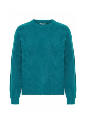 Teal trui met een gestructureerde ribgebreide stof, lange mouwen en een ronde halslijn. Het ontwerp is eenvoudig met een ontspannen pasvorm.