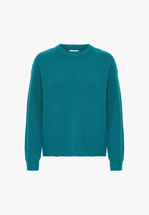 Teal trui met een gestructureerde ribgebreide stof, lange mouwen en een ronde halslijn. Het ontwerp is eenvoudig met een ontspannen pasvorm.