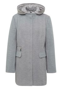 Hellgrauer Wollmantel mit Fischgrätmuster, Reißverschlussbrusttasche, seitlichen Aufsetztaschen und abnehmbarer grauer Steppkapuze.