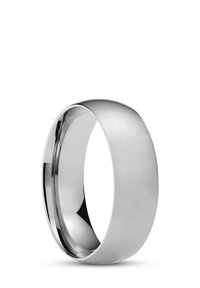 Brushed silver band ring with a smooth, polished interior. Simple, wide design with a matte finish on the outer surface.