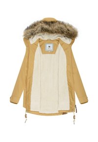 Żółta kurtka zewnętrzna z kapturem z sztucznego futra, kremowe polaru wykończenie, zamek błyskawiczny i sznurek ściągający na dole. Widoczna metka wewnątrz.