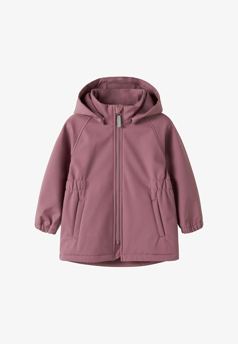 Veste à capuche mauve pour enfants avec fermeture éclair à l'avant, poignets élastiques, deux poches avant et détail froncé à la taille.