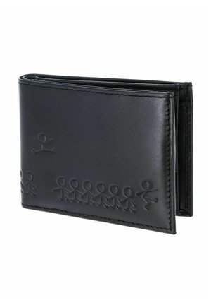 Portefeuille bifold en cuir noir avec une rangée en relief de bonhommes bâtons se tenant par la main le long du bord inférieur.
