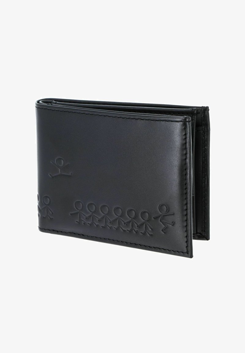 Portefeuille bifold en cuir noir avec une rangée en relief de bonhommes bâtons se tenant par la main le long du bord inférieur.