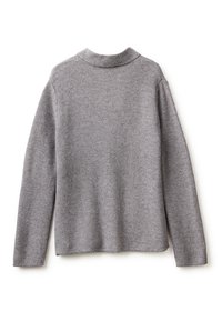 Suéter gris de punto texturizado con mangas largas y escote redondeado, que presenta un corte holgado y un dobladillo recto. Se muestra la vista posterior.