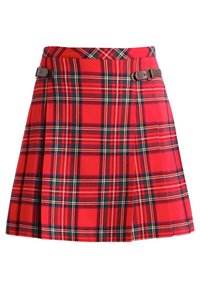 Jupe à carreaux rouge avec un design plissé, comprenant des accents noirs et jaunes. Détails incluant des boucles métalliques à la taille pour la fixation.
