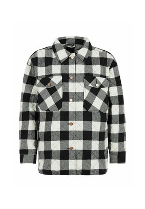Quilted flannel shirt featuring a black and white checkered pattern, two chest pockets, and snap buttons. Soft texture with a structured collar.