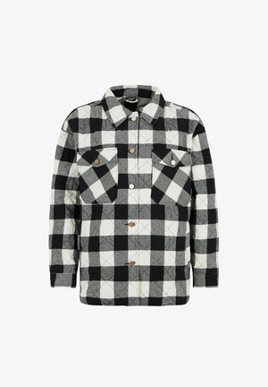 Gequiltte flanellen shirt met een zwart-wit geblokt patroon, twee borstzakken en drukknoopsluitingen. Zachte textuur met een gestructureerde kraag.