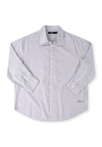 Light gray button-up shirt with vertical white stripes, long sleeves, a classic collar, and a rounded hem. Features embroidered logo detail.
