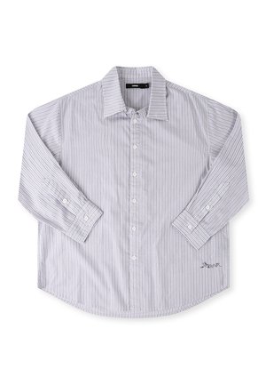 Light gray button-up shirt with vertical white stripes, long sleeves, a classic collar, and a rounded hem. Features embroidered logo detail.