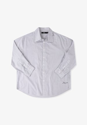 Light gray button-up shirt with vertical white stripes, long sleeves, a classic collar, and a rounded hem. Features embroidered logo detail.