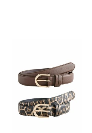 Two leather belts side by side, one solid brown and the other with a leopard print, both with gold-tone metal buckles.