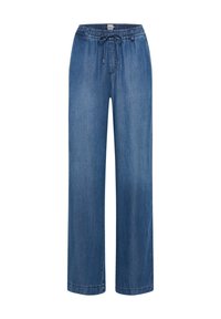Pantalones de mezclilla anchos azul con cintura elástica y lazo ajustable, que presentan un ligero desvanecimiento y trabillas para cinturón.