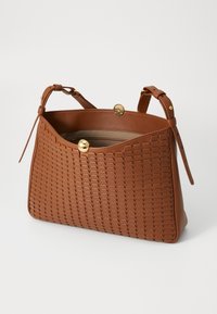 Brown woven leather handbag with a rounded top, adjustable straps, and a gold-tone hardware detail on the closure. Interior pocket visible.