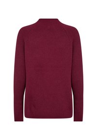Burgunderfarbener Strickpullover mit gerippter Textur, langen Ärmeln, rundem Ausschnitt und taillierter Silhouette. Rückansicht, keine sichtbaren Logos oder Dekorationen.