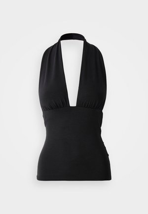 Svart halterneck topp med en dyp V-hals, rynket midje og figursydd silhuett. Glatt, stretchy stoff uten synlige mønstre.