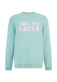 Svetlo mentolový sveter s nápisom "SKI YA LATER" v plyšových, fialových písmenách. Klasický výstrih a rebrované manžety. Voľný strih.