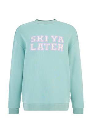 Licht muntgroene sweatshirt met de tekst "SKI YA LATER" in pluizige, paarse letters. Klassieke ronde hals en geribde manchetten. Casual pasvorm.
