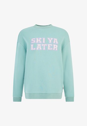 Sudadera de color verde menta claro con el texto "SKI YA LATER" en letras moradas de felpa. Cuello redondo clásico y puños acanalados. Corte casual.