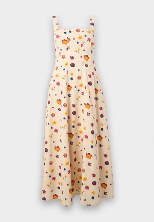 Robe maxi sans manches couleur crème avec motif floral orange, violet, rouge et bleu, encolure carrée et corsage ajusté.