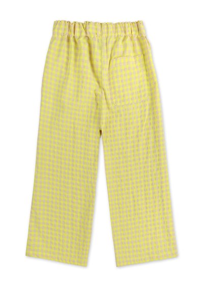 Yellow checkered pants made of lightweight fabric, featuring an elastic waistband, wide-leg design, and a back pocket.