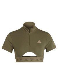 Olivgrön kortad Adidas sporttop med dragkedja fram, korta ärmar, ett utskärt ovanför midjan, och Adidas-logotyper på bröstet och nederkanten.