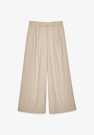 Beige wide-leg trousers with a high waist, featuring front pleats and a smooth texture. Designed for a relaxed fit with a tailored look.