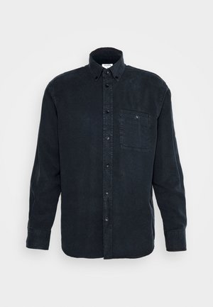 Mørkeblå langermet skjorte med knapper laget av myk bomull, med en enkelt brystlomme og et klassisk kragedesign.