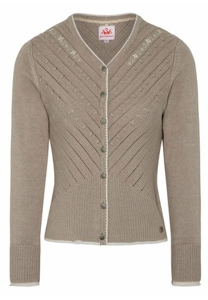 Beige knitted cardigan with a V-neck, featuring diagonal patterns and button closure. Ribbed cuffs and hem with a contrasting white trim.