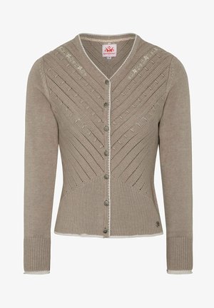 Cardigan en tricot beige avec un col en V, présentant des motifs diagonaux et une fermeture à boutons. Manches et ourlet à côtes avec un contour blanc contrastant.