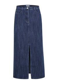 Temno modra denim midi krila s sprednjim razporkom, zankami za pas in gumbom za zapiranje v pasu, prikazana na beli podlagi.