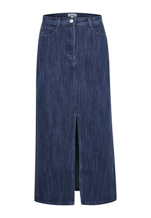Mørkeblå denim midi-nederdel med forslid, bæltestropper og knaplukning i taljen, præsenteret på en hvid baggrund.