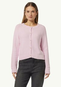 Pink knitted cardigan with a round neckline, featuring a button-up front, ribbed hem, and long sleeves. Slightly cropped silhouette.