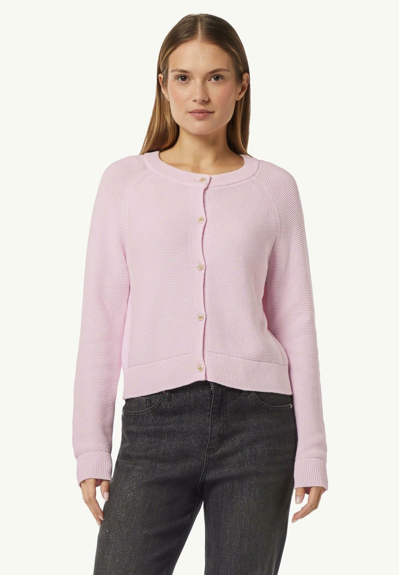 Pink knitted cardigan with a round neckline, featuring a button-up front, ribbed hem, and long sleeves. Slightly cropped silhouette.
