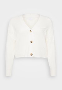 Weißer gestrickter Cardigan mit cropped Design, V-Ausschnitt und drei großen goldfarbenen Knöpfen. Verfügt über einen gerippten Textur und lange Ärmel.