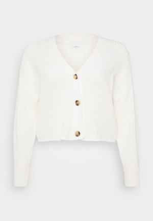 Cardigan branco tricotado com um design curto, decote em V e três grandes botões em tom dourado. Apresenta textura canelada e mangas longas.