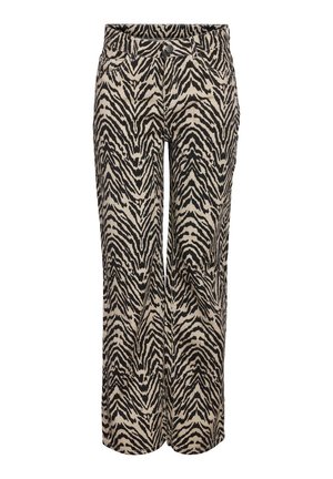 Zebra-geprint jas en broekset in beige en zwart, gemaakt van zachte stof. De jas heeft een ontspannen pasvorm, gecombineerd met een broek met wijde pijpen.