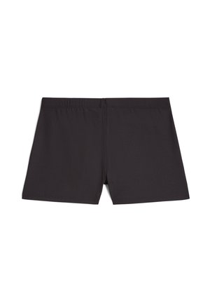 Shorts de bain noirs en tissu lisse, présentant un design simple avec une taille élastique confortable et sans coutures visibles.
