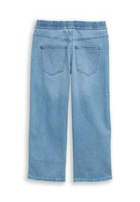 Jasnoniebieskie spodnie dżinsowe z elastycznym pasem. Posiadają dwie klasyczne tylne kieszenie. Prosty krój nogawek, gładka faktura.