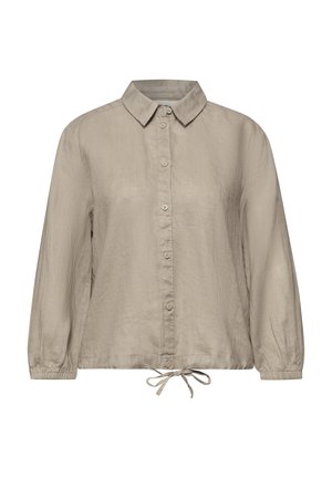 Beige blouse met lange mouwen, knopen, kraag, elastische manchetten en een gebonden trekkoord aan de zoom, gemaakt van licht materiaal.