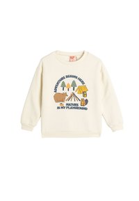 Sudadera beige con un diseño gráfico de un oso, una tienda de campaña y árboles, con el texto "La aventura comienza aquí, la naturaleza es mi parque de atracciones." Mezcla de algodón.