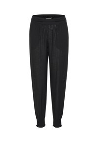 Pantaloni neri larghi realizzati in tessuto leggero, con vita elastica, tasche laterali e polsini arricciati alle caviglie.