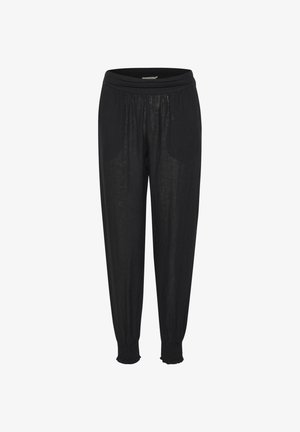 Black loose-fitting trousers made of lightweight fabric, featuring an elastic waistband, side pockets, and gathered cuffs at the ankles.
