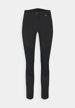 Sorte slim-fit bukser med forstærkede mørke knælapper, lynlåslomme på højre side, knap og bæltestropper i taljen.