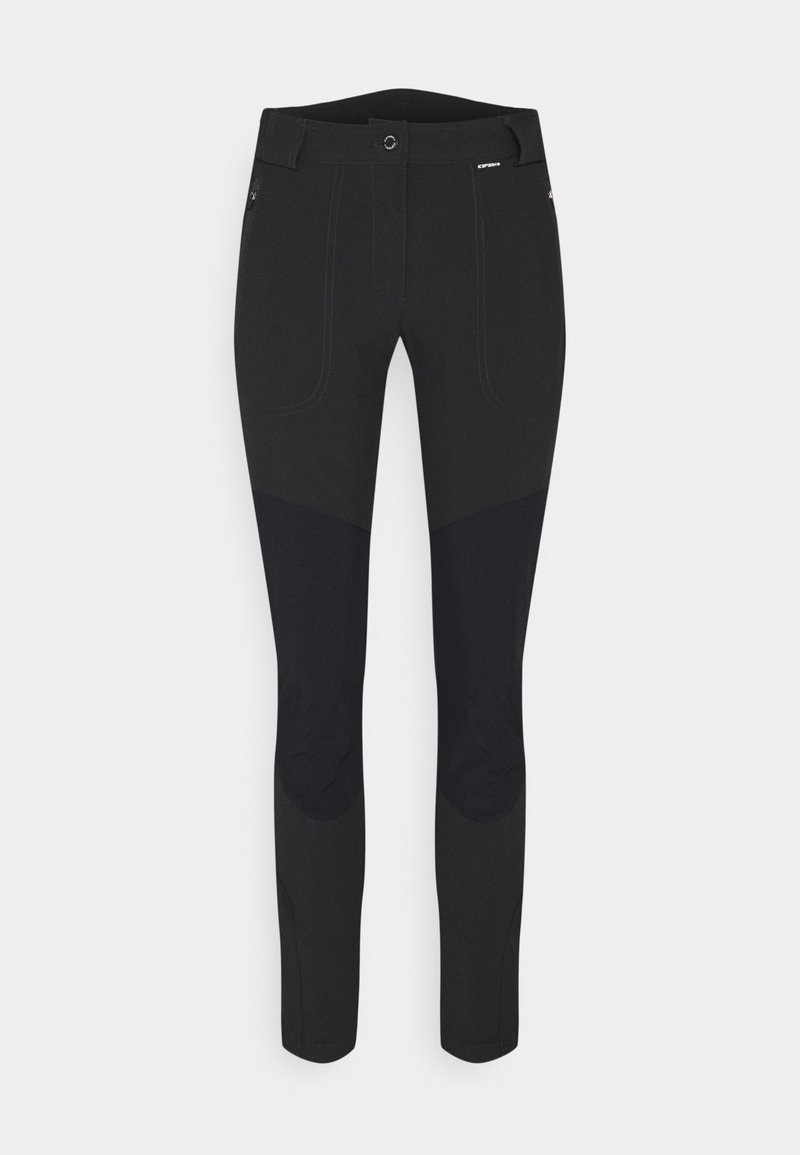 Pantalon noir slim fit avec renforts sombres aux genoux, poche zippée à droite, bouton et passants pour ceinture à la taille.