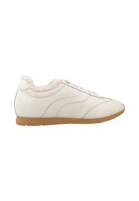 White suede sneaker with a fluffy collar, lace-up design, smooth surface, and a rubber gum sole. Rounded toe and subtle stitching details.