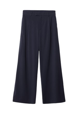 Pantalons cropped larges en navy foncé avec des plis, des passants de ceinture et des poches latérales, fabriqués en tissu lisse.