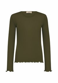 Maslinasto zelena majica dugih rukava s rebrastom teksturom i valovitim rubom. Ima okrugli izrez i uski kroj.